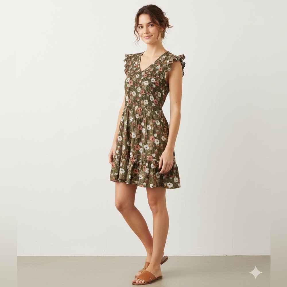 Floral Midi Dress in Olive and Pink